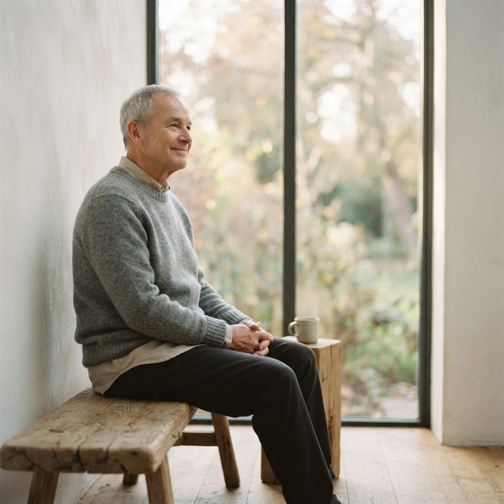An older man sitting calmly by a window in warm morning light